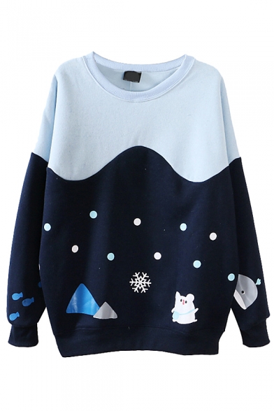 Loose Round Neck Hill and Snowflake Print Long Sleeve Sweatshirt