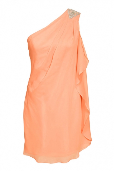 Orange One Shoulder Beaded Mini Dress