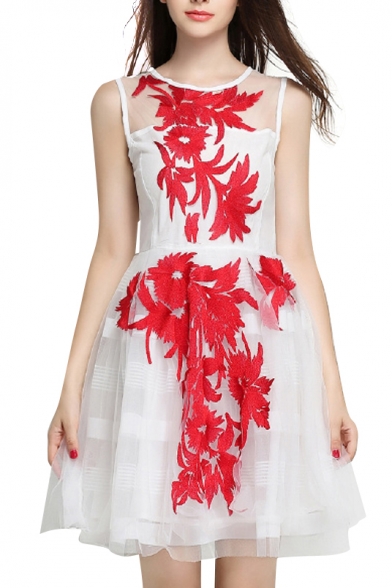 Organza Sleeveless Floral Embroidered Full Dress
