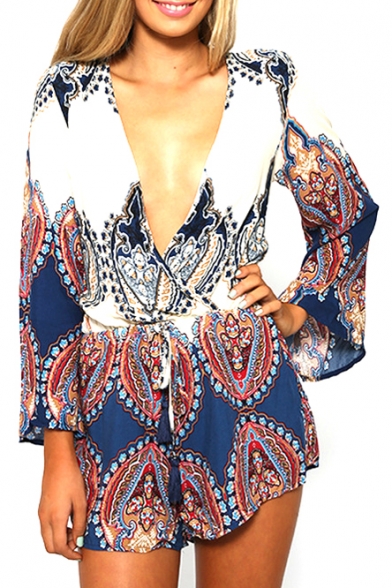 Plunge Neck Long Sleeve Paisley Rompers