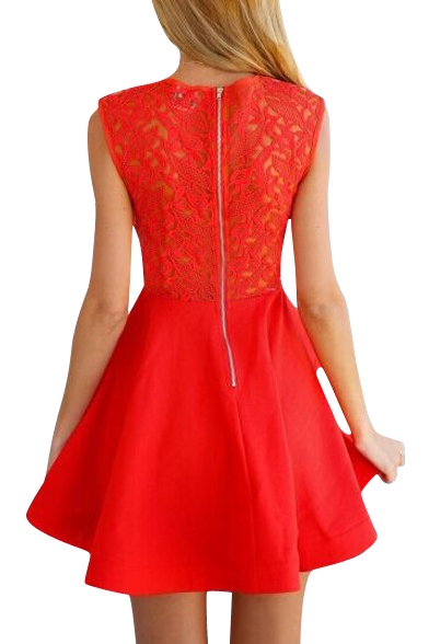 Red Round Neck Lace Insert Flare Dress