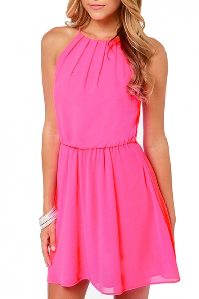 Rose Pink Sleeveless Round Neck A-line Chiffon Dress