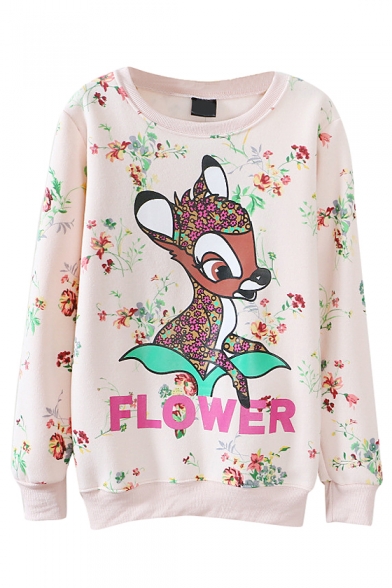 Round Neck Cute Deer and Floral Print Long Sleeve Sweatshirt