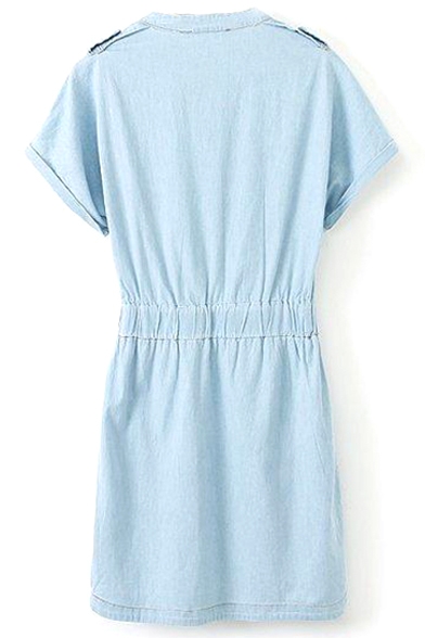 Sky Blue Short Sleeve Stand Collar Buttoned Denim Dress