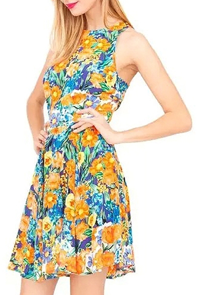 Summer Fresh Blossom Print A-line Sleeveless Dress