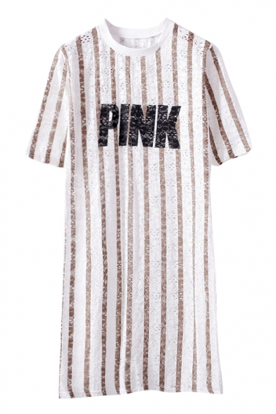Vertical Stripe Short Sleeve PINK Print Lace T-Shirt Dress