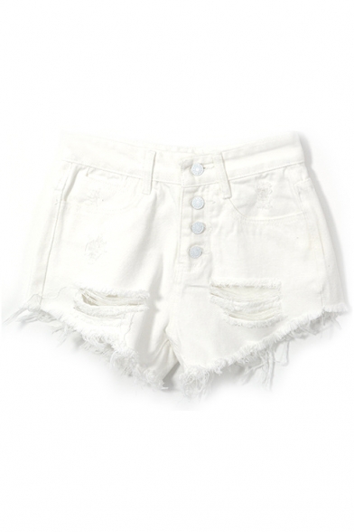 White Denim Four Button Front Ripped Shorts - Beautifulhalo.com