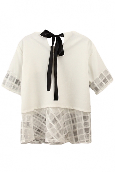 White Half Sleeve Tied Back Mesh Inserted Blouse