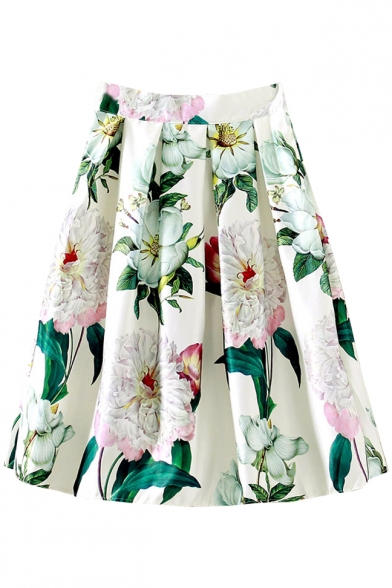 White High Waist Floral Print Midi Flared Skirt