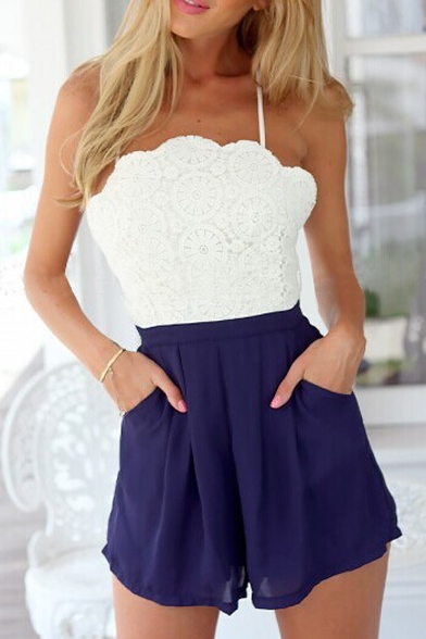 White Lace Top Cross Back Slip Rompers