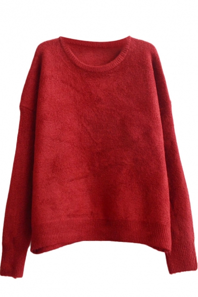 Batwing Candy Color Plain Long Sleeve Soft Sweater with Round Neck