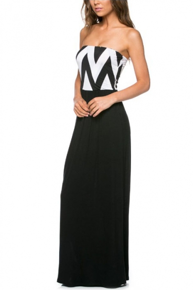 Black Curve Print Top Strapless Maxi Dress
