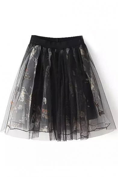 Black Elastic High Waist Organza Print A-Line Skirt