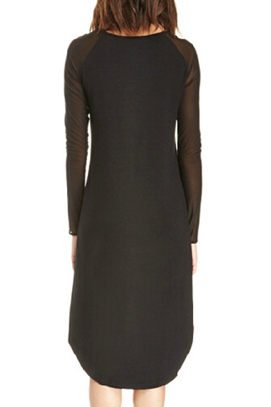 Black Long Sheer Sleeve High-Low Hem Dress