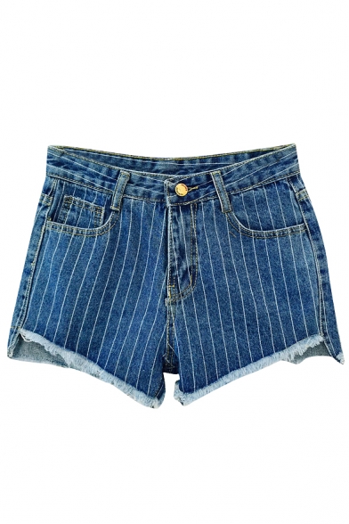 Dark Blue Vertical Stripe Distressed Hem Denim Shorts