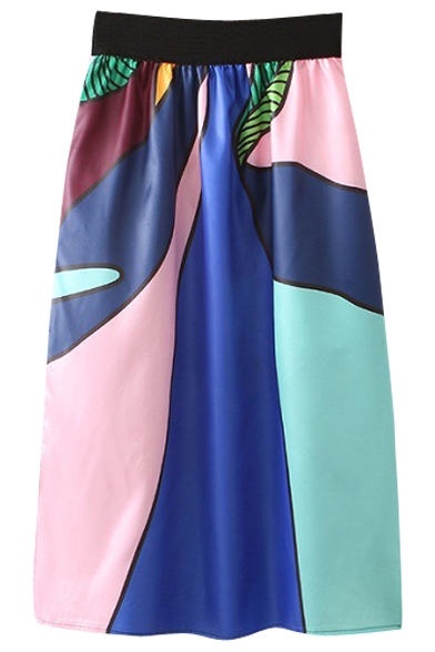 Elastic High Waist Abstract Pattern Print Midi A-line Skirt