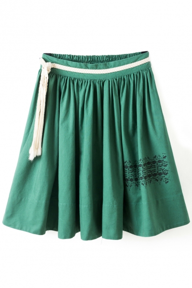 Green Drawstring Waist Ruffle Hem High Rise Skirt