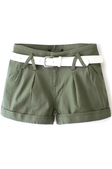 Hunter Green Cotton Shorts with Belt