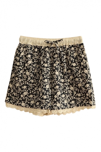 Navy Background Elastic Waist Floral Print Line Lace Insert Shorts