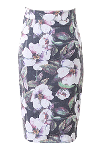 Purple Flower Print High Waist Pencil Skirt