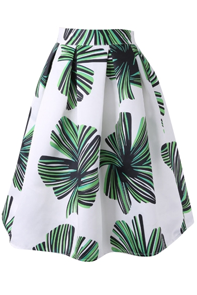 White Background Green Leaves High Waist Flare Skirt