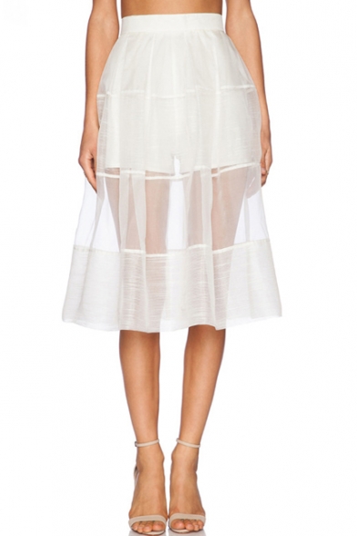 White High Waist A-line Mesh Panel Sheer Skirt - Beautifulhalo.com