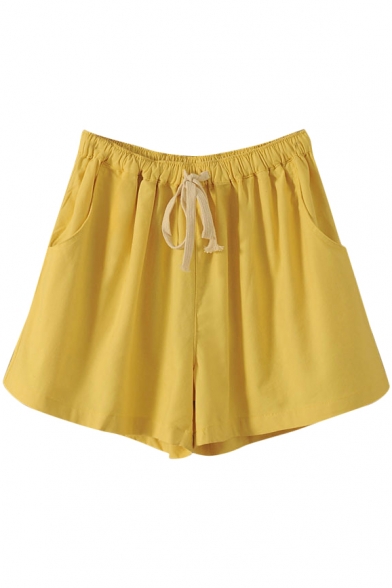 Yellow Drawstring Waist Casual Loose Shorts