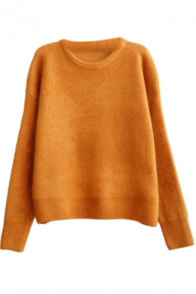 Batwing Candy Color Plain Long Sleeve Soft Sweater with Round Neck ...