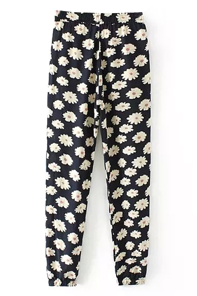 Black Background All Over Daisy Print Drawstring Pants