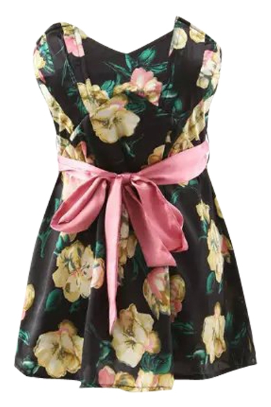 Black Off the Shoulder Belted Floral Print Dress - Beautifulhalo.com