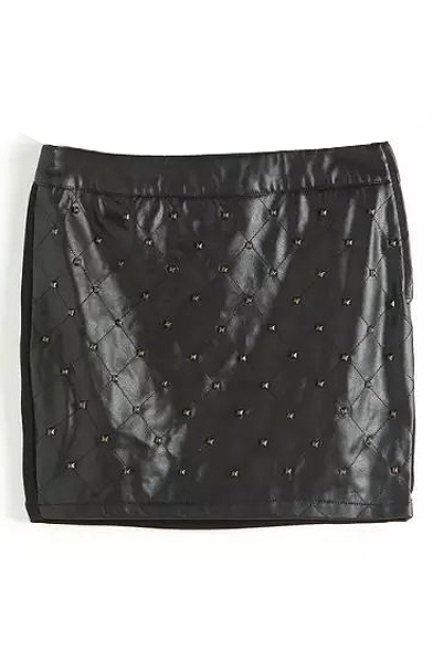 Black Plaid Studded PU Mini Skirt