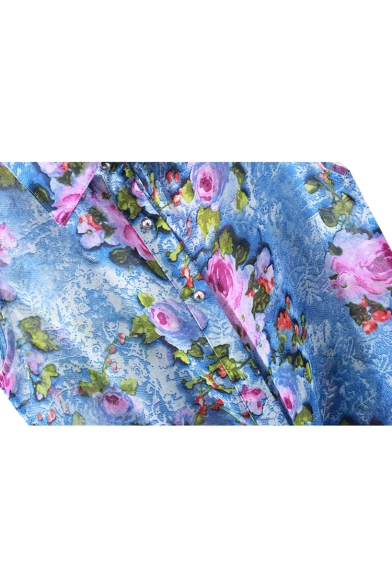 Blue Lapel Sleeveless Floral Print Button Down Top