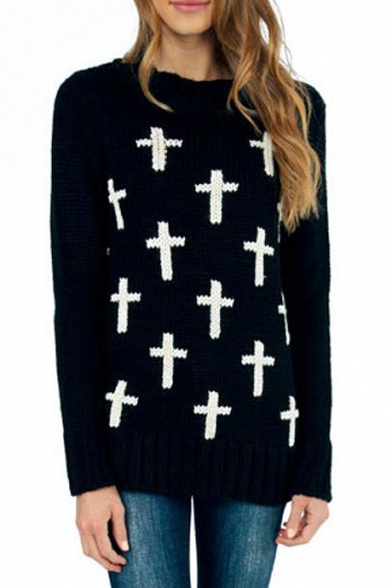 Boyfriend Cross Print Chunky Knit Sweater with Round Neck ...