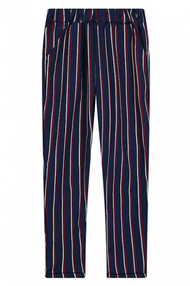 Colorful Stripe Print Elastic Waist Strait Leg Pants