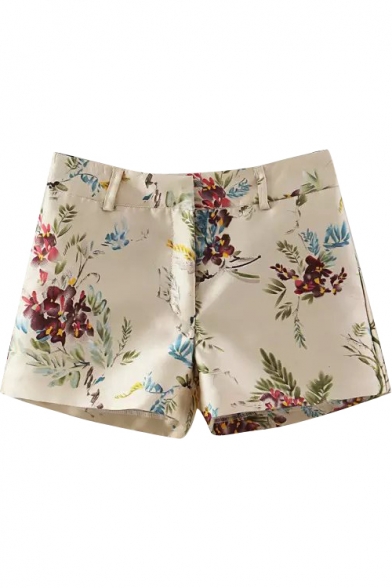 Floral Print Zipper Fly Pockets Shorts with High Waist