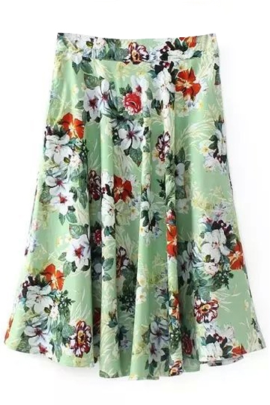 Green Floral Print Swing Midi Skirt