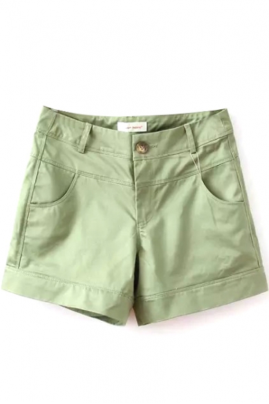 Green High Waist Button Loose Shorts