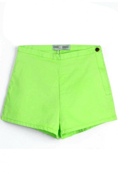 Green Plain High Rise Single Button Denim Shorts