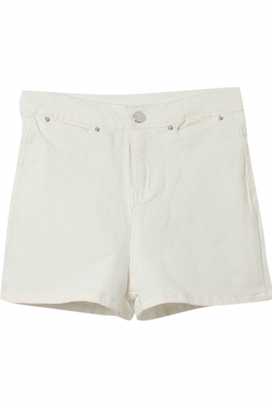 Hot White High Waist Plain Denim Shorts with Button Details