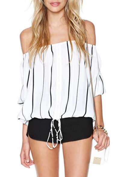 Mono Striped Off The Shoulder Long Sleeve Drawstring Blouse