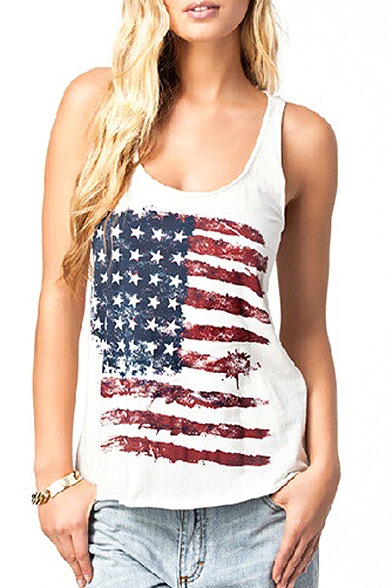 Women's American Flag Printing Tee Top Vest Retro T-shirt