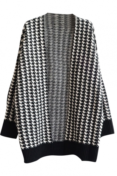 Open-front Style Houndstooth Pattern Long Sleeve Midi Cardigan