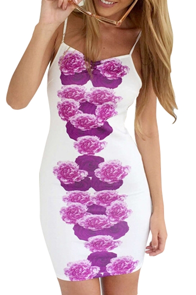 Purple Floral Print Spaghetti Strap Cutout Back Bodycon Dress