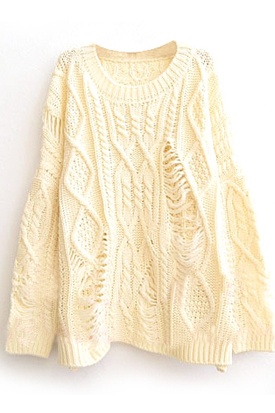 Vintage Ripped Plain Round Neck Cable Knitted Loose Sweater ...