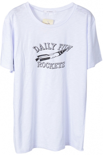 White Rocket and Letter Print Short Sleeve Tee