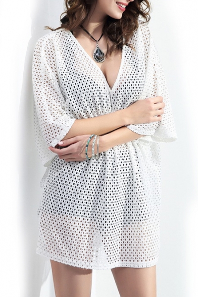 White V-Neck 1/2 Sleeve Cutout Cover-up