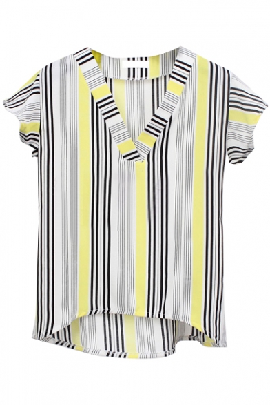 Yellow Striped V-Neck Short Sleeve Chiffon Shirt