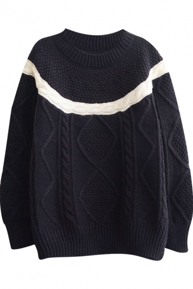 Artistic Style Multi Cable Knit White Stripe Inset Sweater with Round Neck