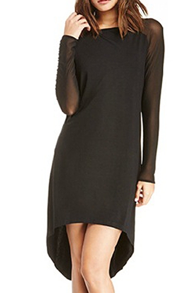 Black Long Sheer Sleeve High-Low Hem Dress