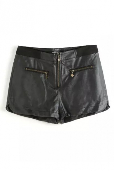 Black PU Zipper Front Elastic Split Shorts
